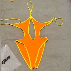 Neon Orange Cutout One-Piece Swimsuit with Yellow Trim